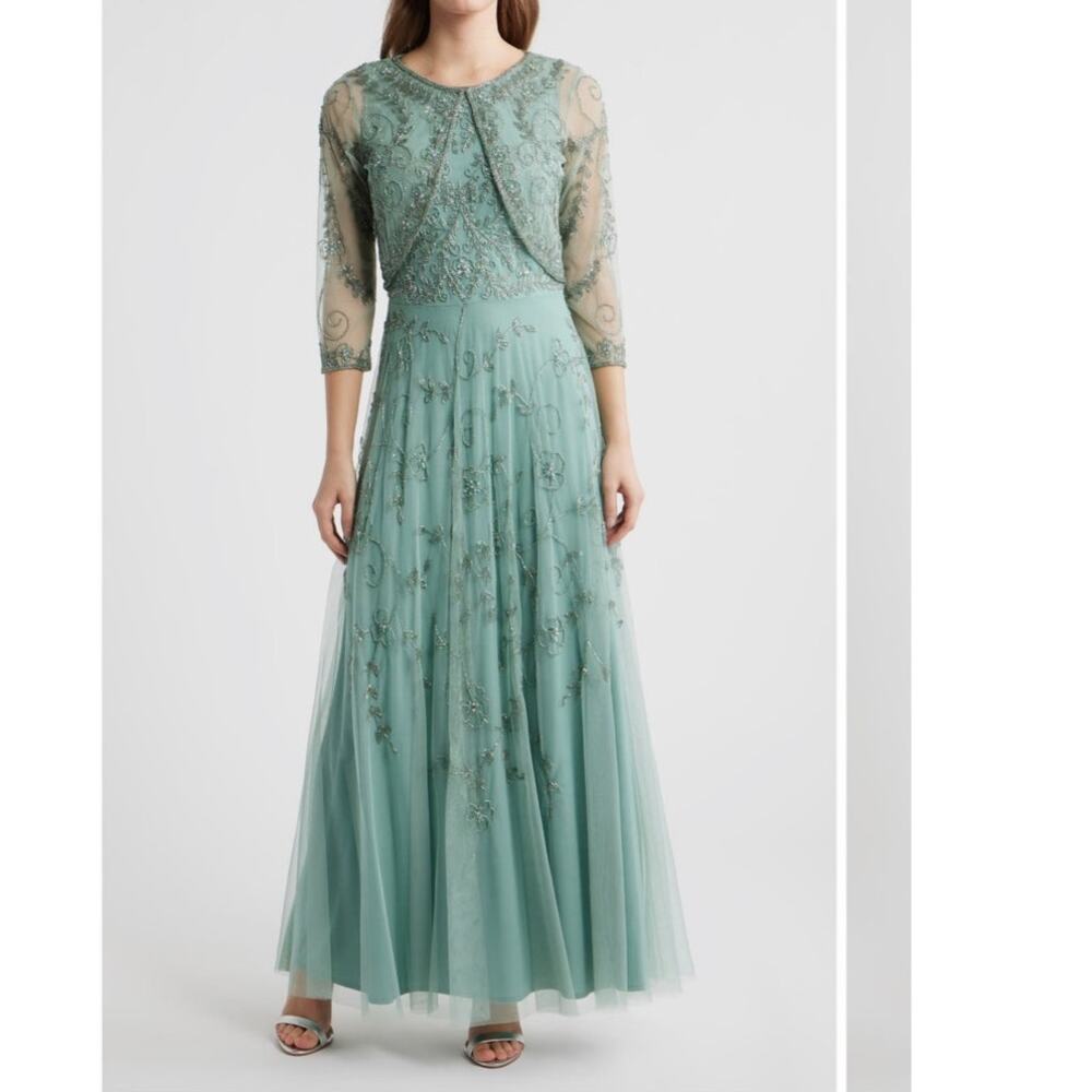 Pisarro nights mint green beaded mesh wedding guest gown dress with jacket 8